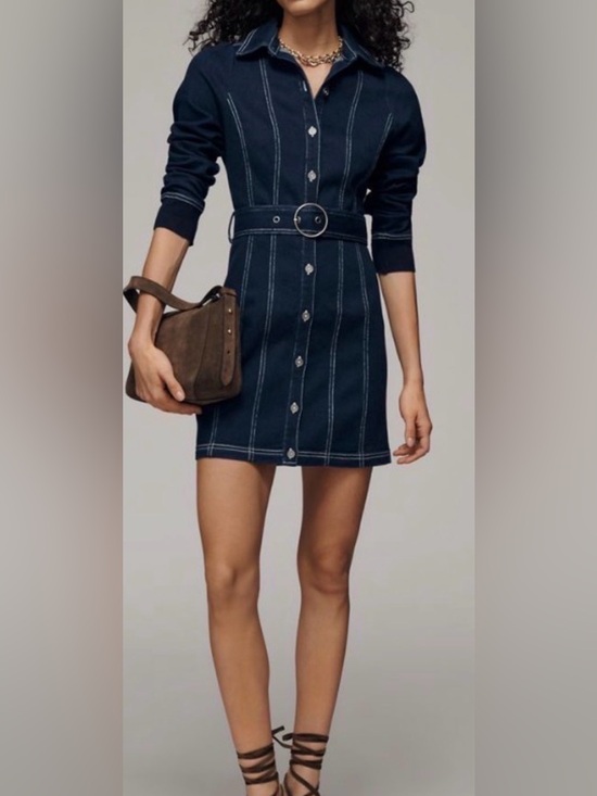Pilcro Dresses & Skirts - Anthropologie Pilcro Dark Denim Blue Long Sleeve Belted Mini Dress: Medium